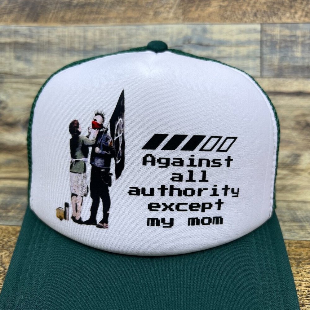 Against All Authority Except My Mom Anarchy Mens Trucker Hat Green Snapback Cap - Picture 3 of 8